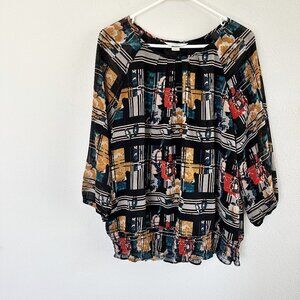 CJ Banks Top Womens Size X 14W Black Gold Floral 3/4 Sleeve Pullover Blouse
